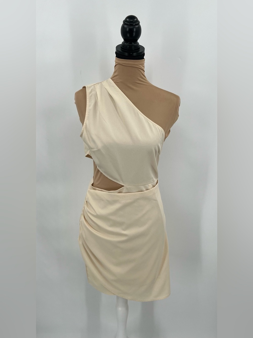 Cream One Shoulder Cutout Tie Waist Mini Dress S Resort Vacation bridal - Picture 4 of 12